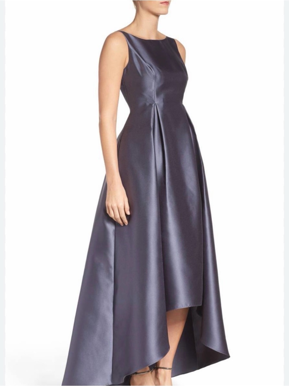 Adrianna Papell Charcoal Satin High-Low Evening Gown